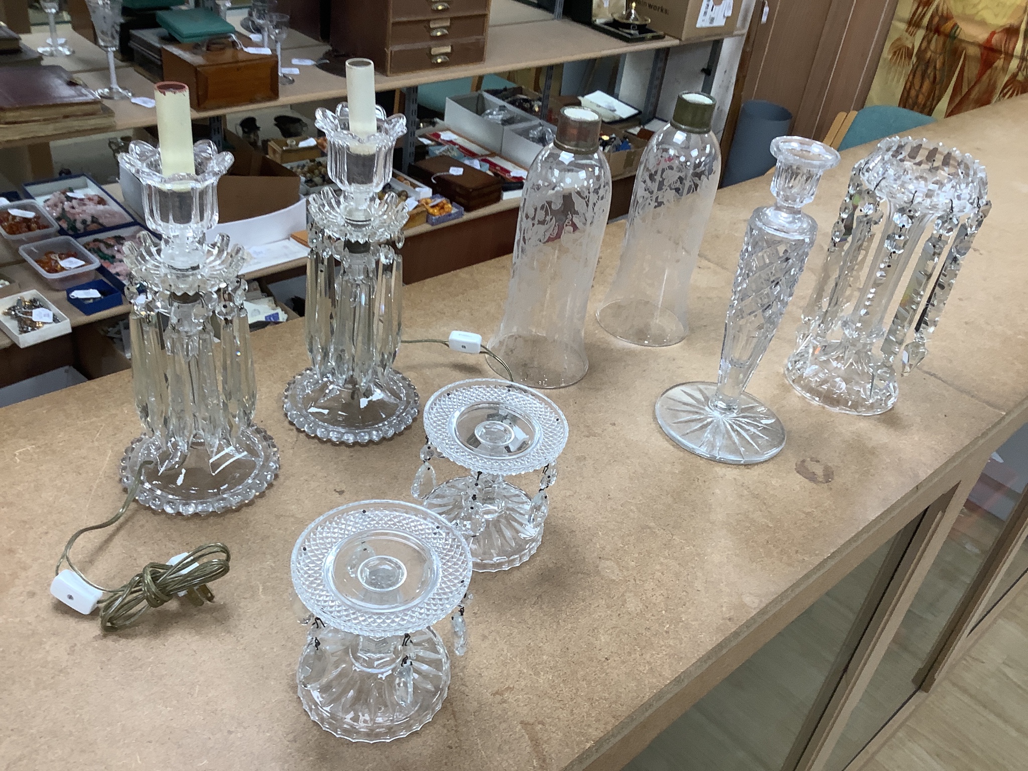 A quantity of various glass lustres, shades etc